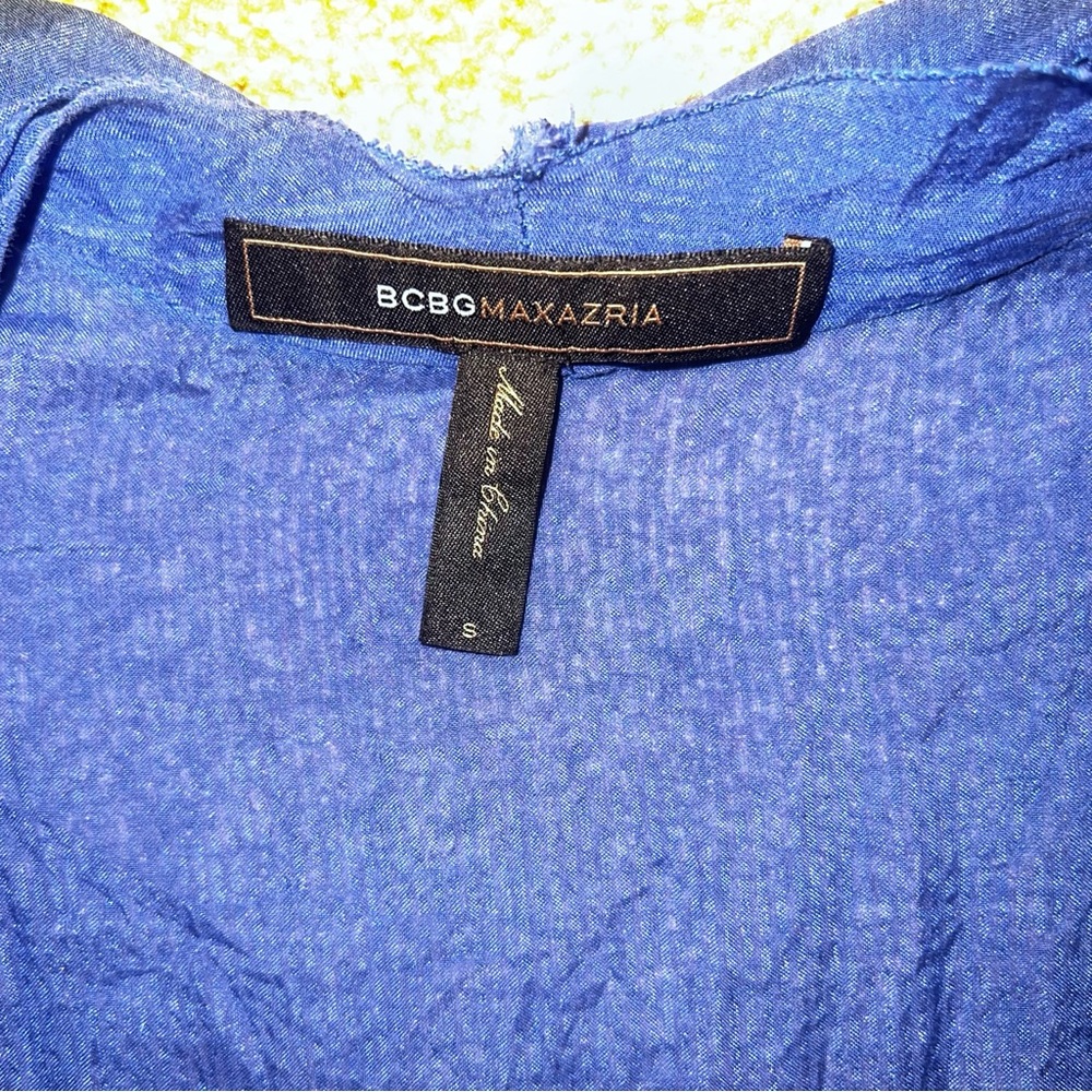 BCBGMAXAZRIA Small Royal Blue Button Down Ruffled Sheer Short Sleeve Sexy Blouse - Picture 2 of 3